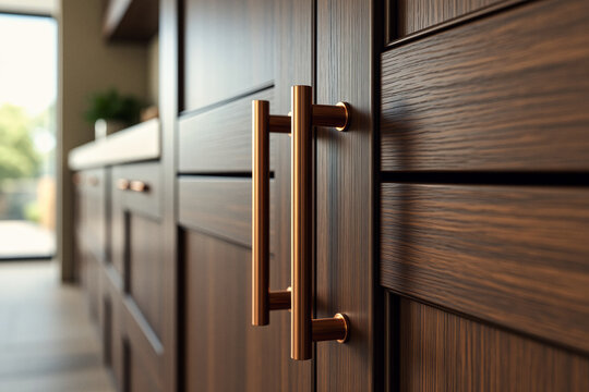 A close-up shot showcases sleek, dark wood kitchen cabinets accented by a brushed copper pull handle.