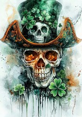 A whimsical skull adorned with clover leaves and a pirate hat. 