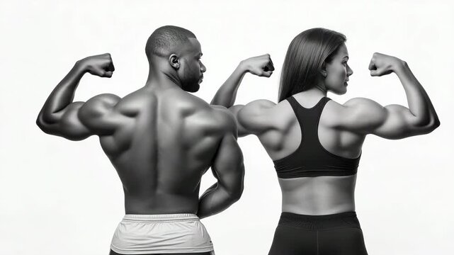 Athletic couple showcasing impressive muscular strength in progressive poses