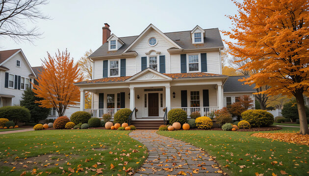 Classic suburban home with autumn leaves, pumpkins outside, fall festival mood