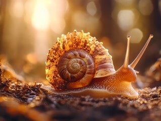 Close-up of a snail with a detailed shell gliding over soil in a sunlit forest, surrounded by warm morning light and bokeh.
