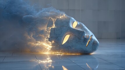 Fantasy image of a large cracked marble face mask lying on the ground, breaking into glowing fragments and dissolving into misty smoke.
