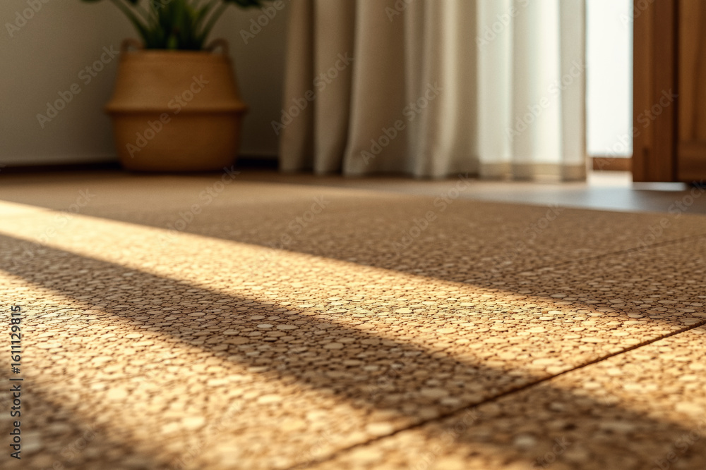 Poster sunlight streams across a cork floor, creating long shadows and highlighting the textured surface wi