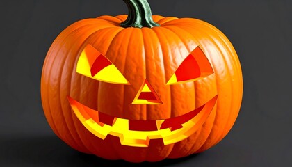 Eerie jack-o'-lantern with glowing triangular eyes and a toothy grin on dark backdrop