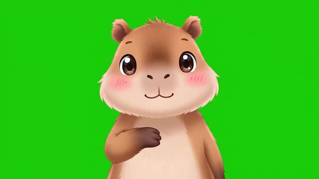 Cartoon capybara with a green screen background blushing and smiling