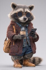 A stylish raccoon stands upright, wearing sunglasses and a cozy brown jacket. It holds a coffee cup in one hand and a smartphone in the other, showcasing a modern urban vibe.