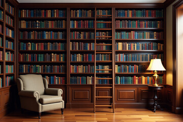 A luxurious library showcases towering mahogany bookshelves filled with books, complemented by a comfortable armchair, side table, and warm lighting.