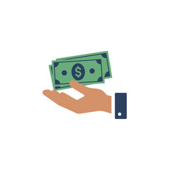 Human hand giving or receiving American dollar cash banknotes illustrating a financial transaction, payment, or banking concept.