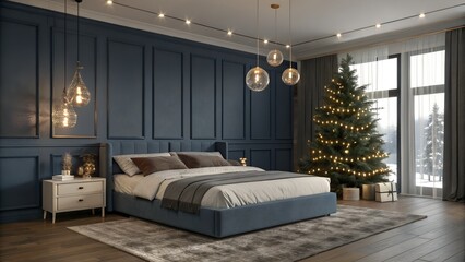 Modern Bedroom with Navy Accent Wall and Tabletop Christmas TreeModern Bedroom with Navy Accent Wall and Tabletop Christmas Tree