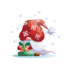 Christmas gnome in a red hat holding gifts. Cute festive Gnome illustration for greeting cards, posters, and winter decorations.