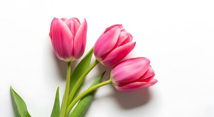 Fototapeta premium Three vibrant pink tulips with green stems on a white background