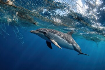 Fototapeta premium Dolphin caught in fishing net underwater ocean pollution