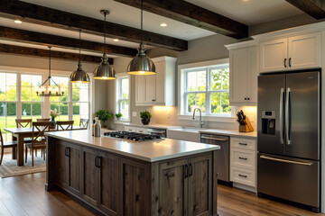 Fototapeta premium A modern kitchen showcases a large island with wood paneling, stainless steel appliances, and warm lighting under exposed wooden beams.