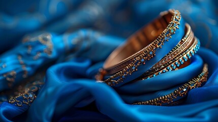 Obraz premium Elegant Blue Bangle Stack Adorned with Intricate Gold Embellishments on Luxurious Fabric