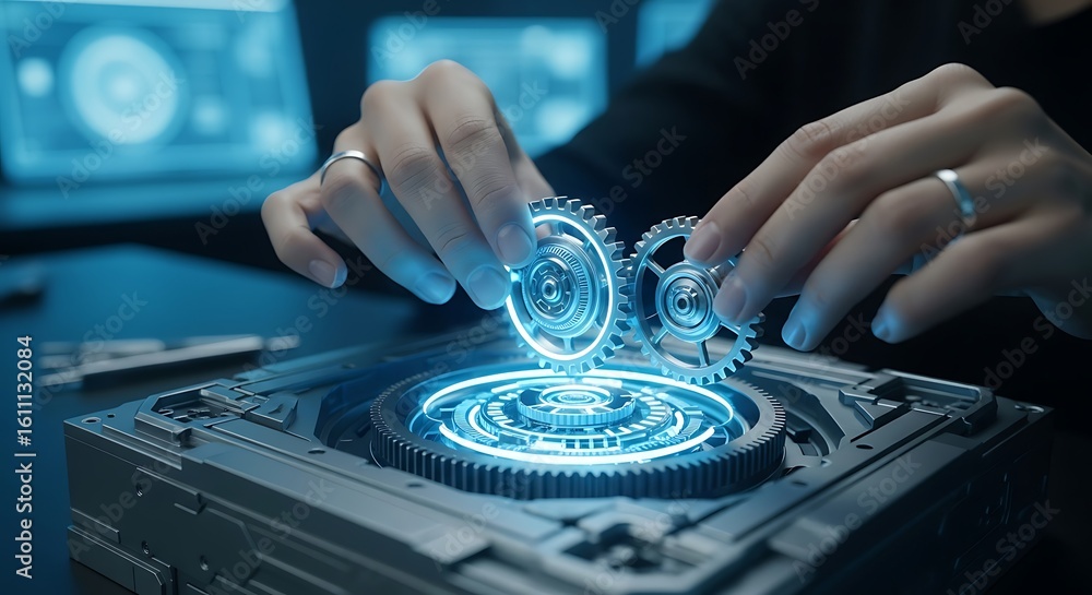 Poster hands adjusting glowing gears on a futuristic machine with intricate blue light circuitry and mechan