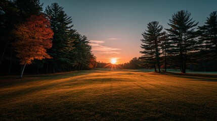 A serene golf course with a long stretch of fairway leading towards a distant green, framed by trees and a golden sunset in the background.