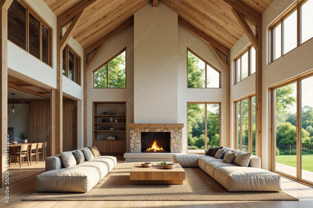 Poster a spacious, modern living room features a large stone fireplace and expansive windows overlooking lu