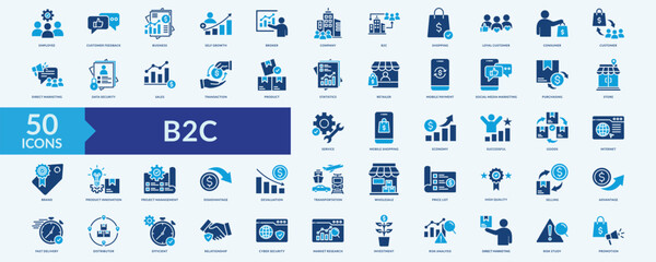B2C icon collection set with customer feedback, loyal customer, direct marketing, mobile payment, social media marketing
