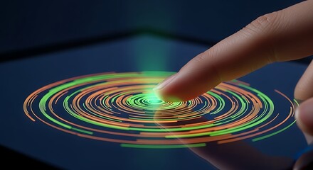 A finger touching a dark tablet screen, generating vibrant green and orange glowing digital ripples