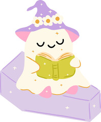 Cute Ghost Reading a Book on Coffin Pastel Halloween Trendy Retro Groovy Cartoon Illustration