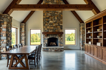 A spacious interior showcases a stone fireplace, built-in bookshelves, and a large wooden dining table within a rustic home.