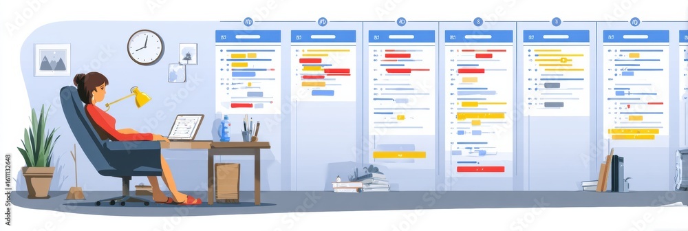 Poster workflow illustration of a productive day for a student showcases time management, study techniques,