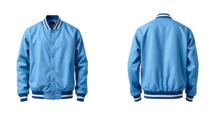 Blue baseball bomber varsity jacket in front and back view, mockup isolated on transparent background