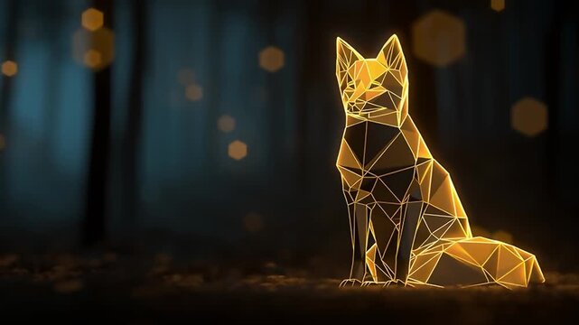 Geometric Fox: Low Poly Animal in Dark Forest, Glowing Digital Art
