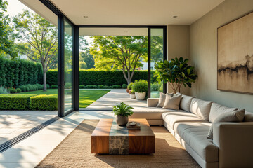 Fototapeta premium An open-concept living room seamlessly extends to a lush, manicured garden through expansive sliding glass doors, creating an inviting space with modern furniture and natural light.
