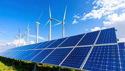 Solar panels stretch across a field with wind turbines turning in the background under a bright blue sky.