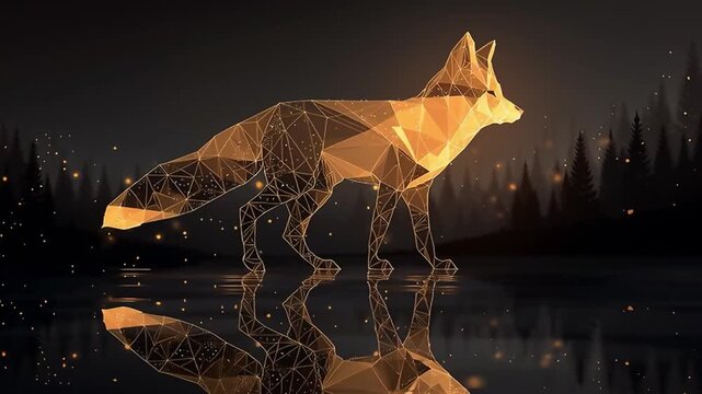 Geometric Fox Reflects in Night Pond - Abstract Wildlife
