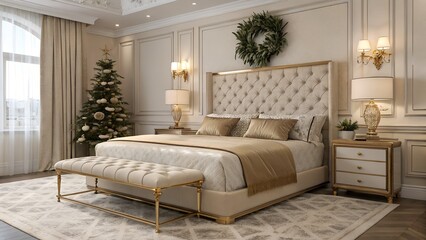 Fototapeta premium Luxury Bedroom with Tufted Headboard and Gold Holiday Accents