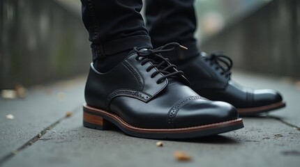 A hyper-realistic, close-up shot of a person's feet wearing sleek, black leather shoes with intricate lace details, walking on a rough, grey concrete surface.