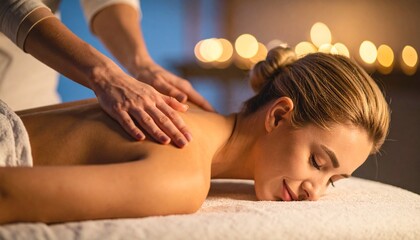 Woman receiving a relaxing back massage from a masseuse in a spa setting with soft lighting.