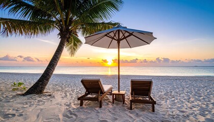 Obraz premium Serene sunset beach scene with lounge chairs umbrella and palm tree golden hour glow over calm ocean waters evoking peace and relaxation