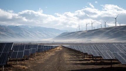A solar farm in a rural area, rows of panels stretching across the landscape, with wind turbines in the distance, demonstrating a commitment to renewable energy sources.