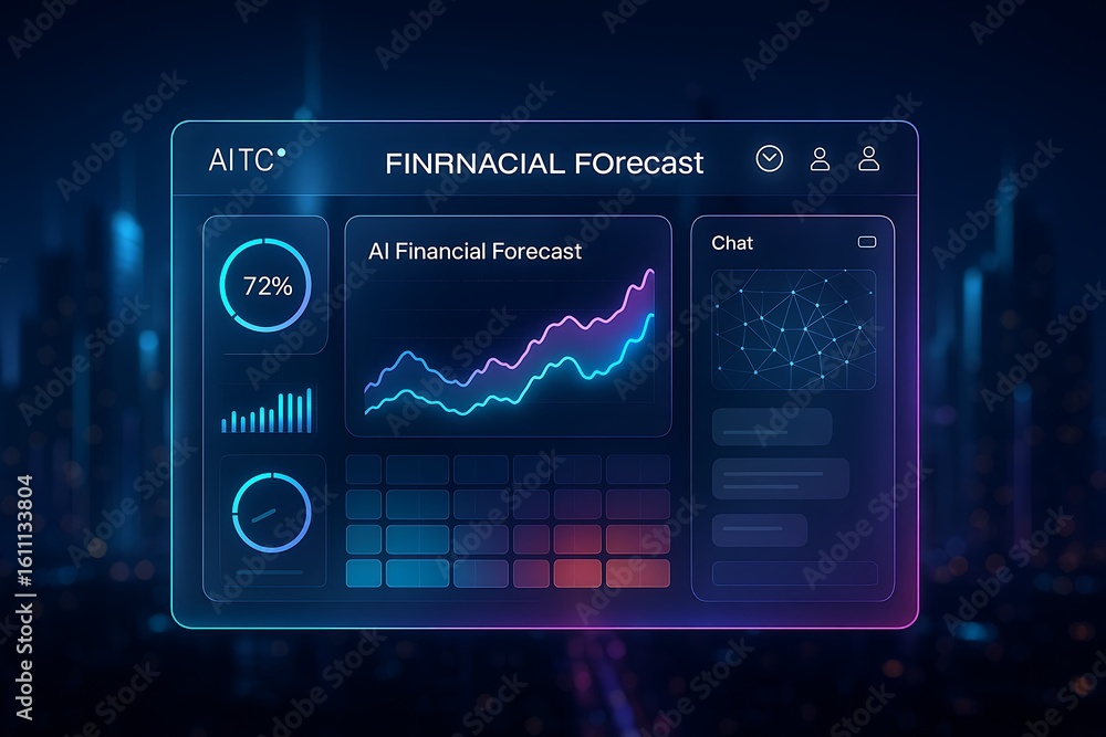Poster futuristic digital interface displaying financial forecast data with glowing charts and graphs