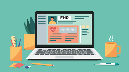 Electronic health record on laptop screen with patient profile and office equipment, vector flat illustration