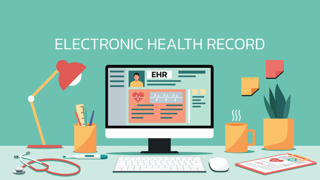 Electronic health record displayed on computer screen with medical equipment in a clinical workspace environment, vector flat illustration
