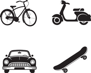 Fototapeta premium Bicycle scooter car and skateboard silhouettes vector