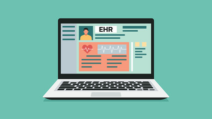 Electronic health record on laptop screen with patient profile and heart rate icon, vector flat illustration
