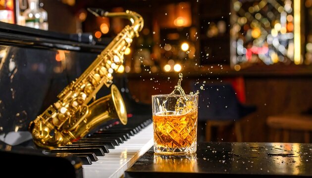 Saxophone and Glass of Liquor with Splash on Piano Keys at Bar - Powered by Adobe