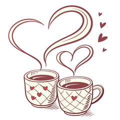 Love in Coffee – Two Cups, Heart-Shaped Steam. Romantic vector with two mugs and one shared heart steam trail.
