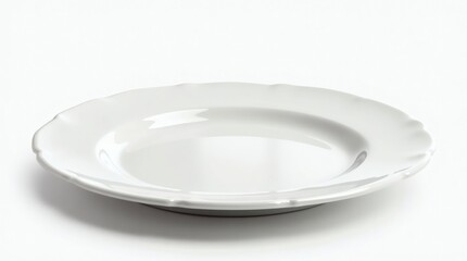 A hyper-realistic, isolated, fine bone china plate with an elegant rim and delicate handle, sitting on a pristine white background, emphasizing its smooth glazed surface.