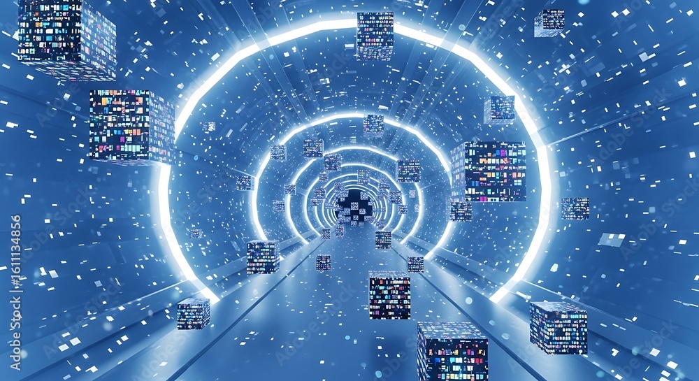 Poster futuristic digital data tunnel with glowing blue concentric rings and floating pixelated information