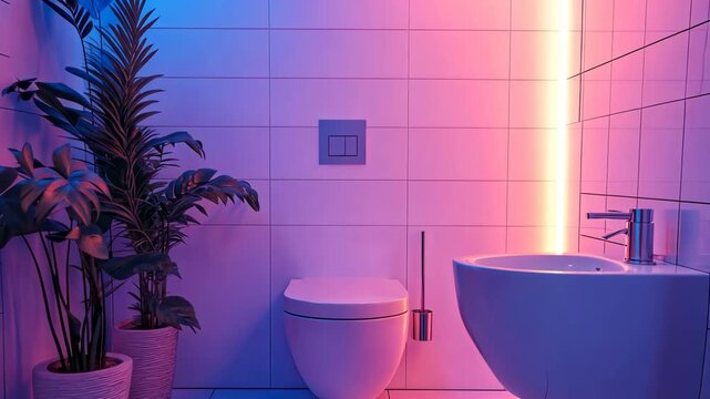 Stylish bathroom in neon color. Selective focus. dizain.