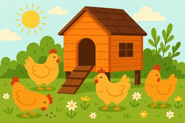 Cartoon chickens playing outside a wooden coop in sunny garden  