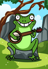 Frog playing guitar in the field