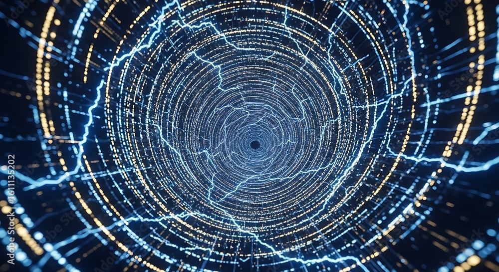 Poster dynamic abstract digital data tunnel with swirling blue lightning bolts and glowing golden particles