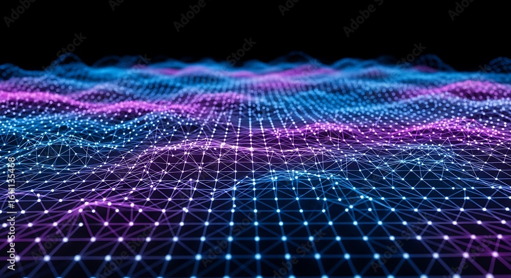 Poster abstract glowing blue and purple digital mesh network forming undulating waves, symbolizing data and